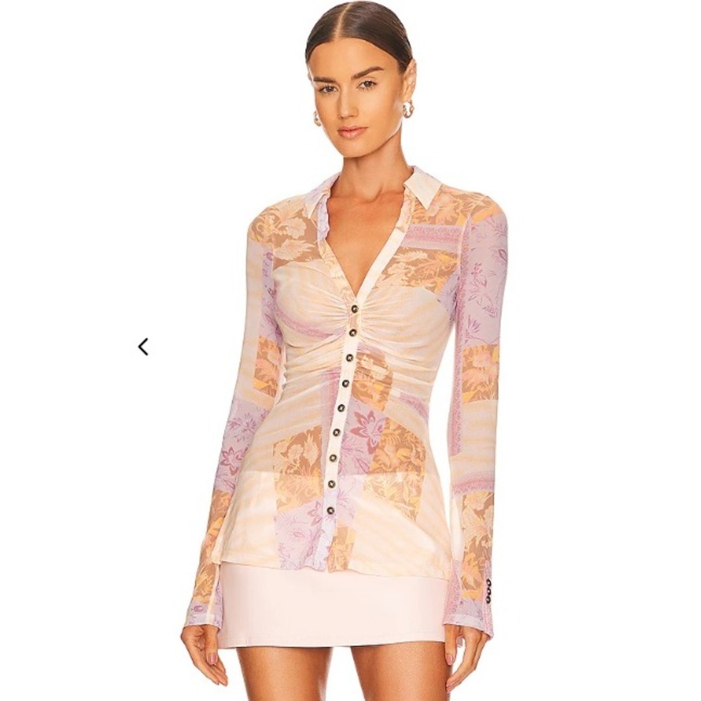Free People Lucky Shirtee Mesh Floral Ruched Button Front Top Yellow Pink Small